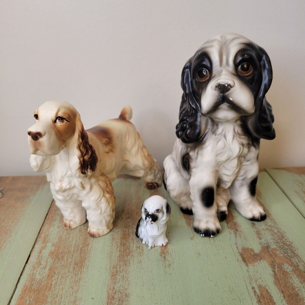 Trio of Cocker Spaniel Dog Ceramic Figurines Set